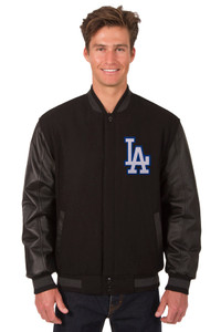 Los Angeles Dodgers Wool & Leather Reversible Jacket with Embroidered Logos - Black Los Angeles Dodgers Wool & Leather Reversible Jacket with Embroidered Logos - Black