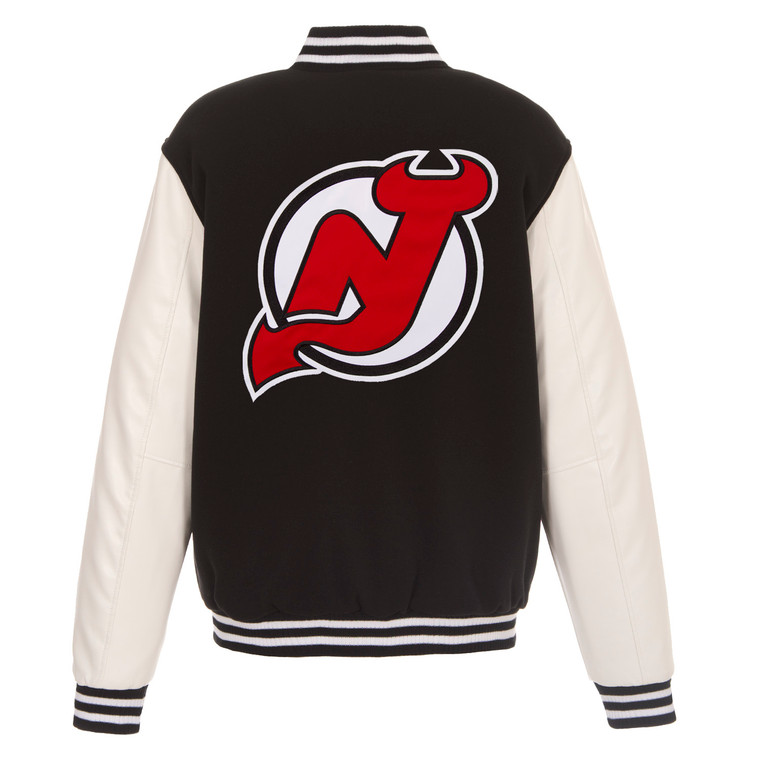New Jersey Devils Reversible Fleece Jacket with Faux Leather Sleeves – Black/White by JH Design