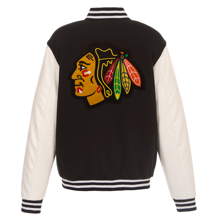 Chicago Blackhawks Reversible Fleece Jacket with Faux Leather Sleeves – Black/White by JH Design