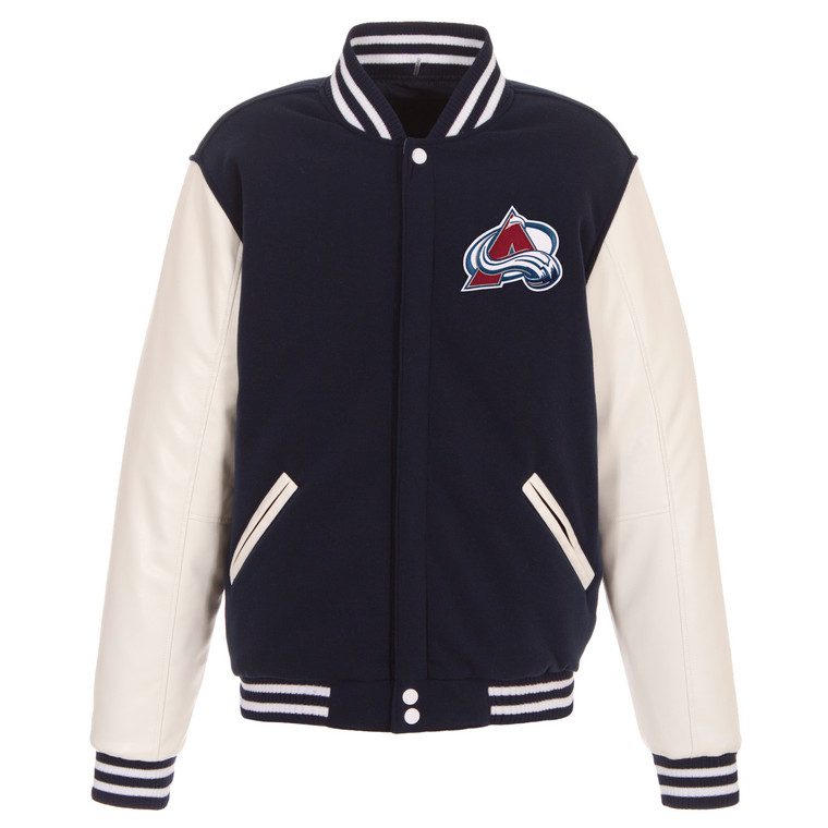 Colorado Avalanche Reversible Fleece Jacket with Vegan Leather Sleeves – Navy/White by JH Design