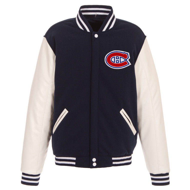 Montreal Canadiens Reversible Fleece Jacket with Vegan Leather Sleeves – Navy/White by JH Design