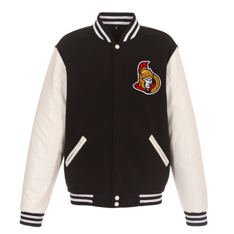 Ottawa Senators Reversible Fleece Jacket with Vegan Leather Sleeves – Black/White by JH Design