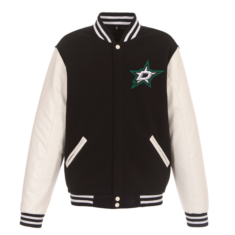 Dallas Stars Reversible Fleece Jacket with Vegan Leather Sleeves – Black/White by JH Design