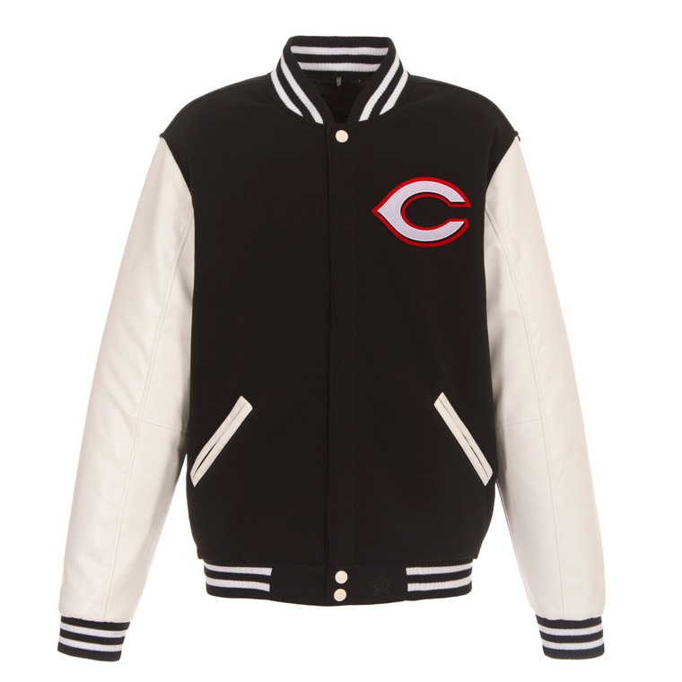 Cincinnati Reds  JH Design Reversible Fleece Jacket with Faux Leather Sleeves - Black/White