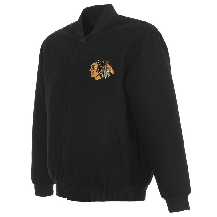 Chicago Blackhawks Reversible Wool Jacket Embroidered Logos -JH Design Black
