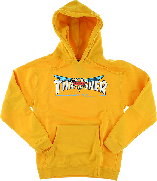 THRASHER VENTURE COLLAB HOODED SWEATSHIRT LARGE  GOLD/WHT/BLU
