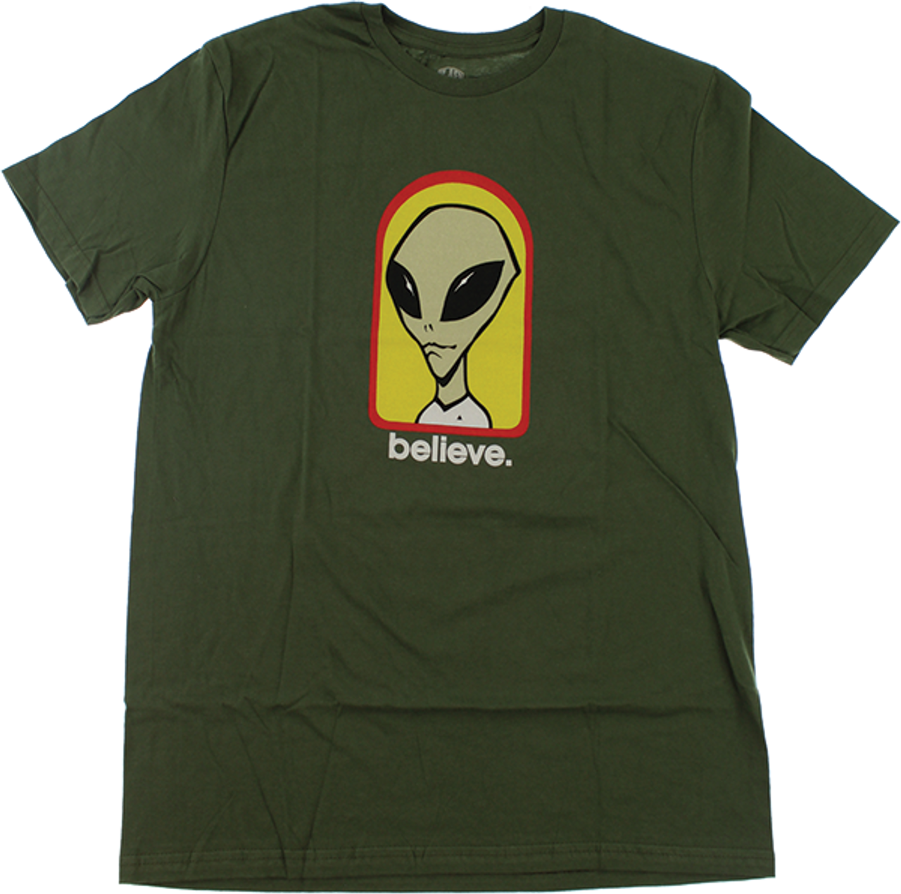 ALIEN WORKSHOP BELIEVE SS TSHIRT SMALL OLIVE/YEL/RED