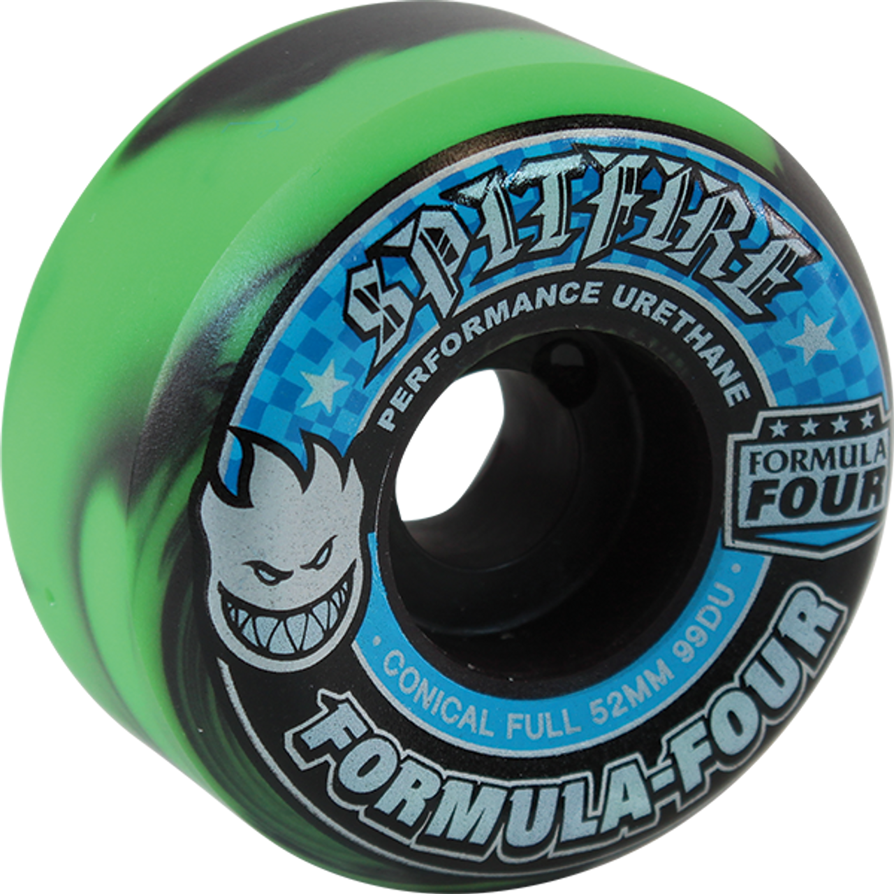 SPITFIRE F4 99A CONICAL FULL 52MM LIME/BLK SWIRL /W BLU WHEELS SET