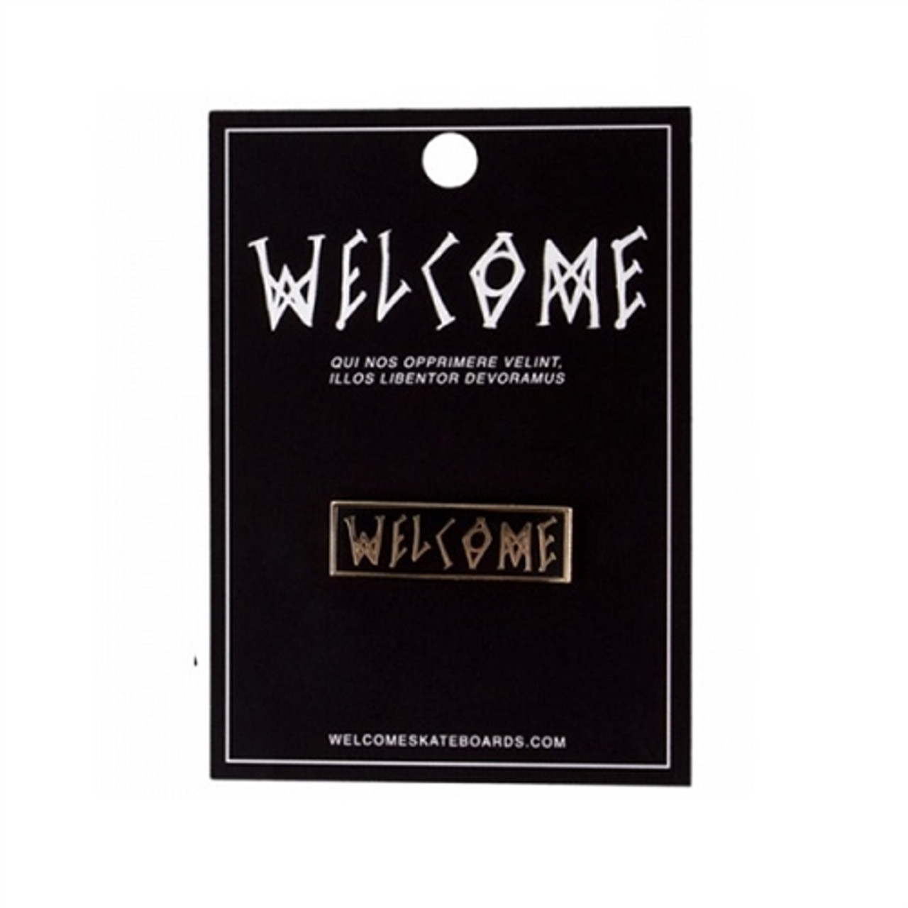 Welcome Scrawl Pin Black Gold 1.25"