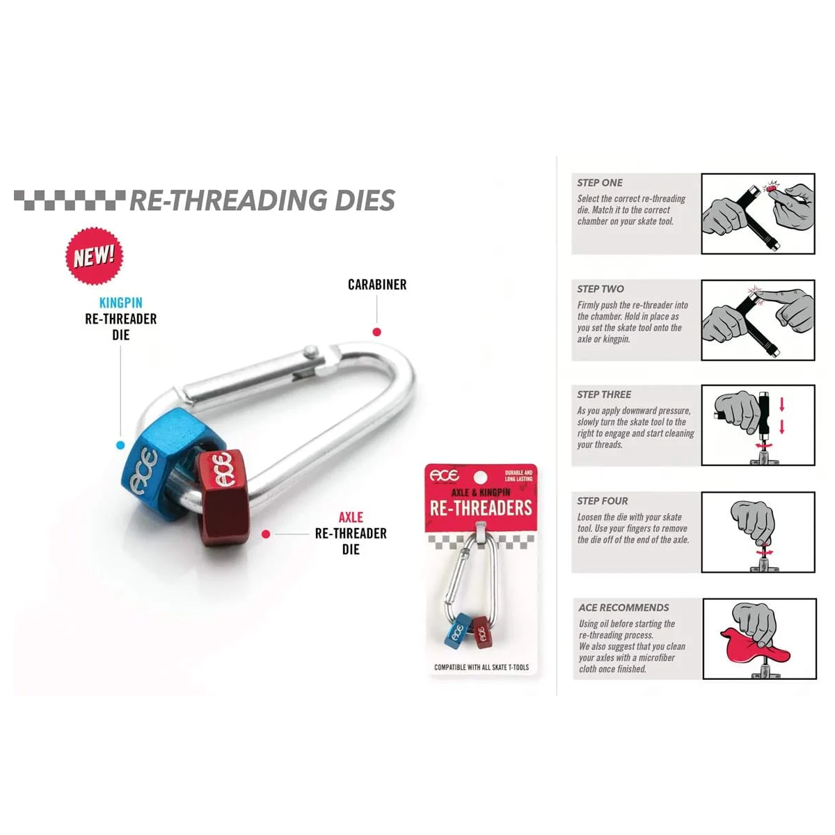 ACE Rethreader Axle and Kingpin Nuts Blue Red Carabiner