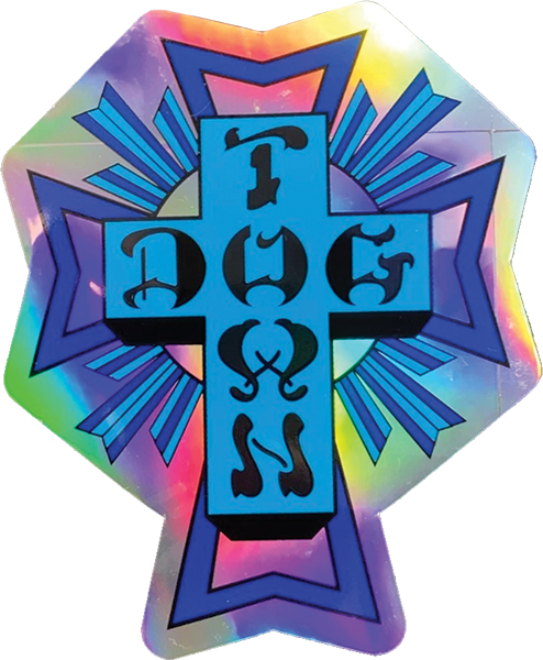 DOGTOWN 80'S CROSS LOGO DECAL 4" BLUE HOLOGRAPHIC