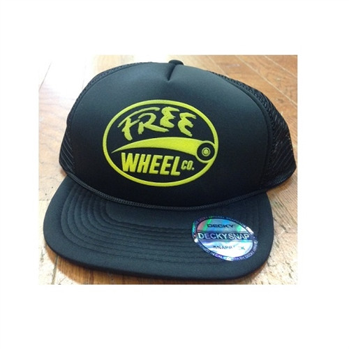FreeWheel Logo Mesh Trucker Hat Black Yellow Snapback