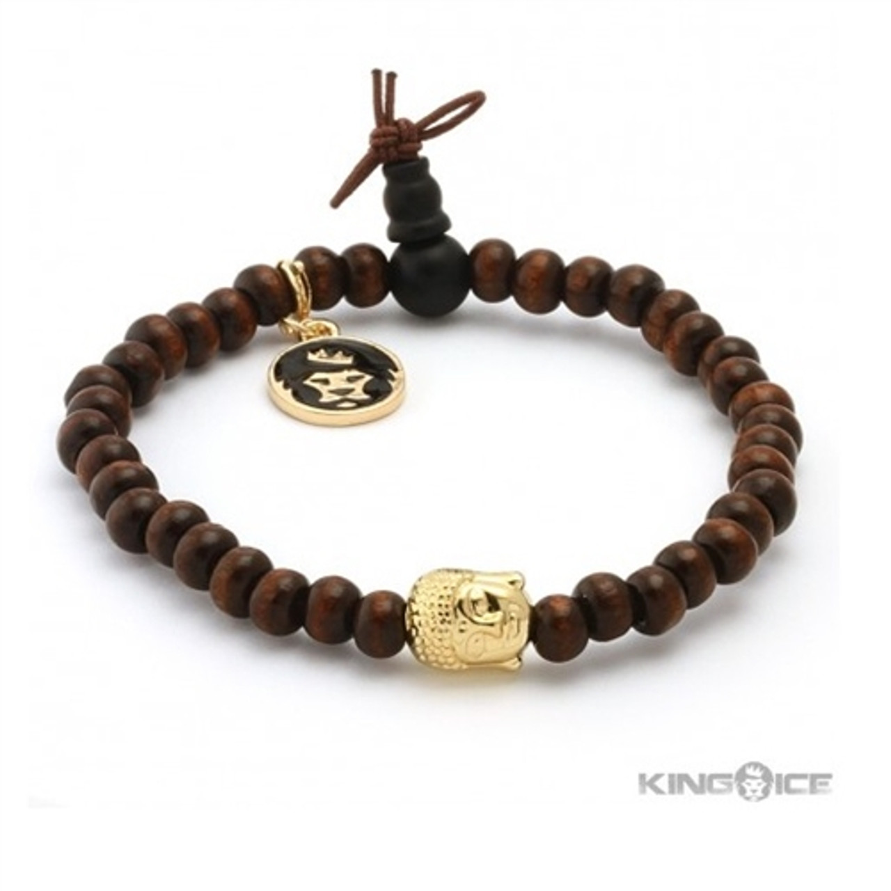 KING ICE☆Brown Wood Gold Buddha Beaded Meditation Bracelet