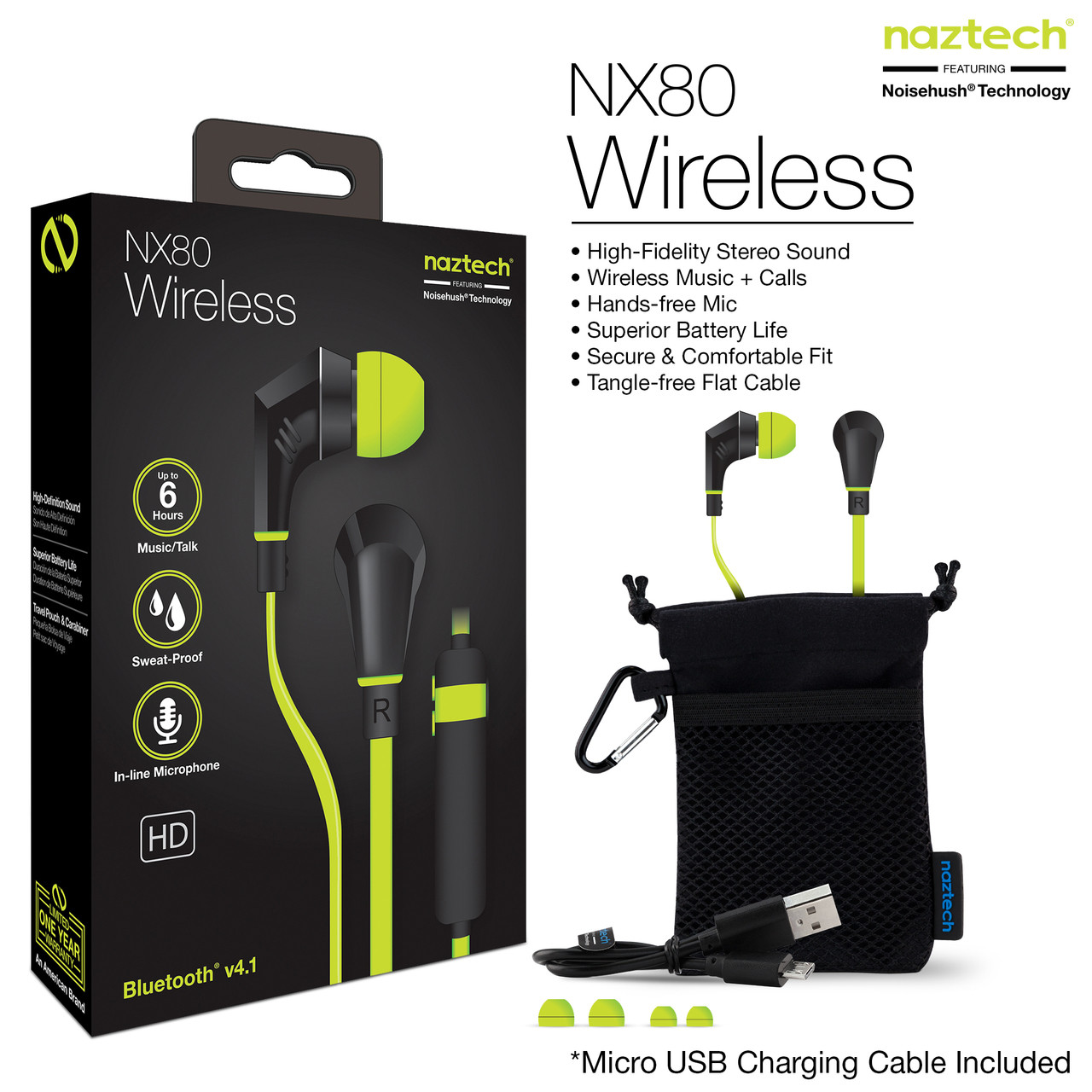 Naztech NX80 Wireless Ear Buds Headphone Lime Black Onesize