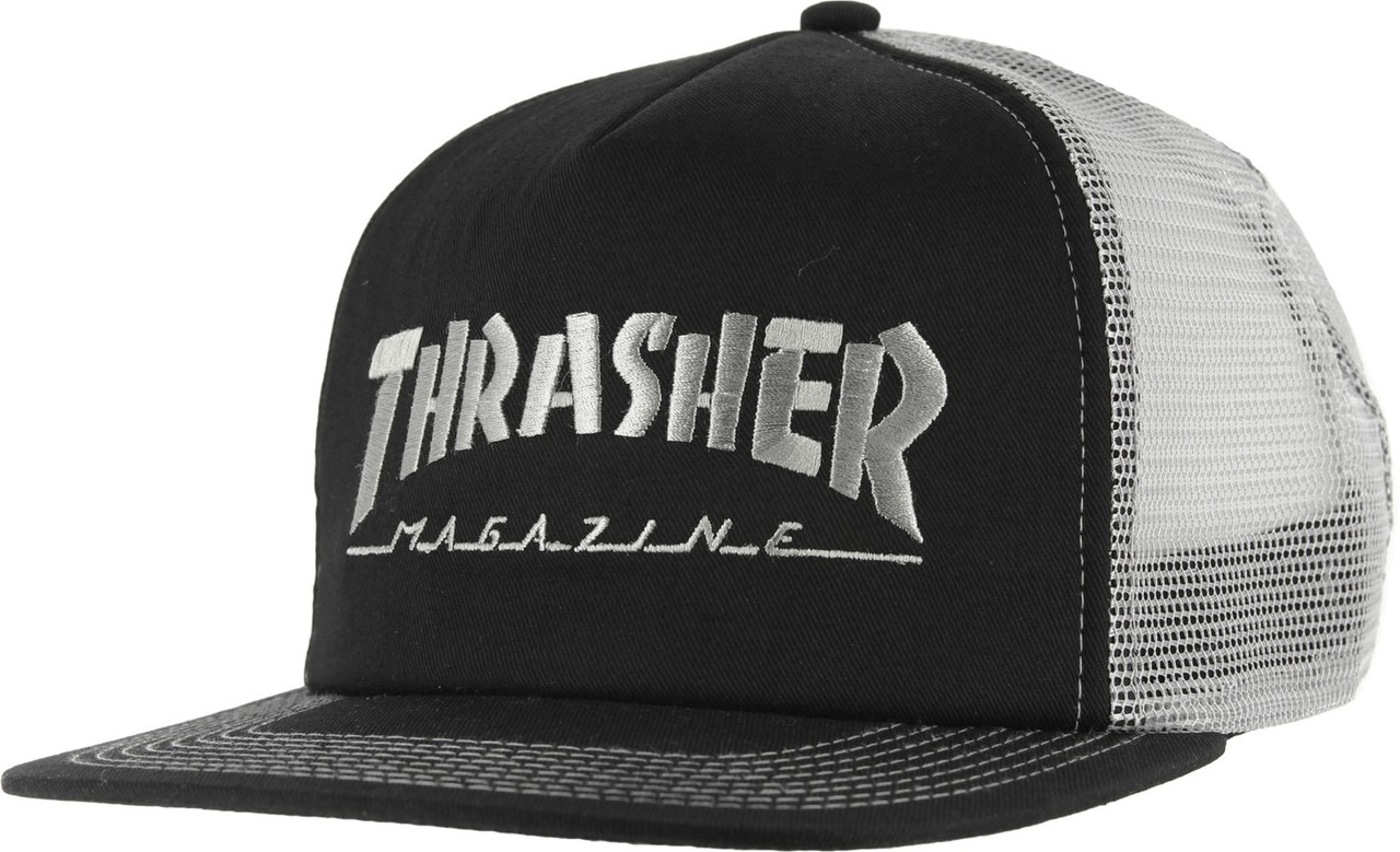 Thrasher Logo Mag Embroidered Trucker Hat Black White Snapback