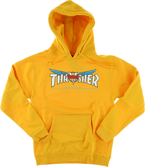 THRASHER VENTURE COLLAB HOODED SWEATSHIRT LARGE  GOLD/WHT/BLU