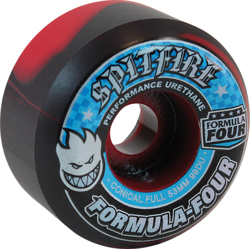 SPITFIRE F4 99A CONICAL FULL 53MM RED/BLK SWIRL W/BLU WHEELS SET