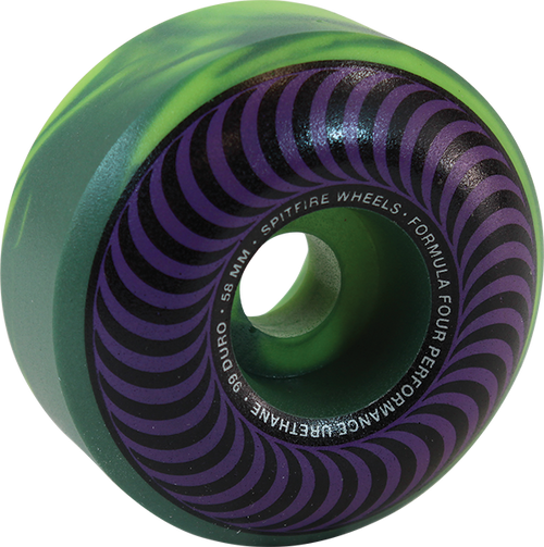 SPITFIRE F4 99A OG CLASSICS 58MM GRN/LIME SWIRL W/PUR WHEELS SET