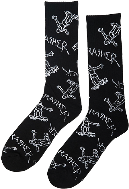 THRASHER GONZ LOGO PATTERN CREW SOCKS BLACK