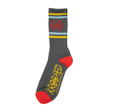Krooked Eyes Crew Sock Charcoal Blue Yellow One Size