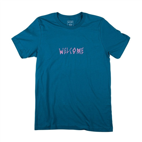 Welcome Scrawl Tshirt Blue Pink