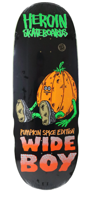Heroin Pumpkin Spice Wide Boy Skate Deck Black Orange 10.75x32