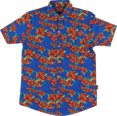 GRIZZLY TROPICAL HIGH BUTTON UP SS Tshirt SMALL BLUE