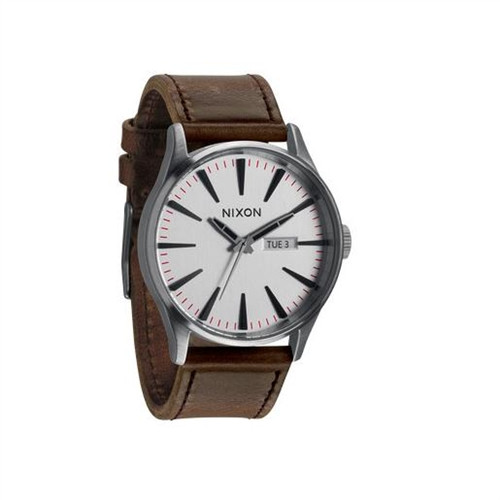 NIXON Sentry Leather Silver Brown Watch