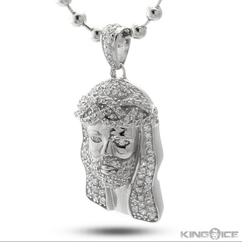 King Ice Mini CZ Jesus Pendant Necklace Silver 2mm 30"