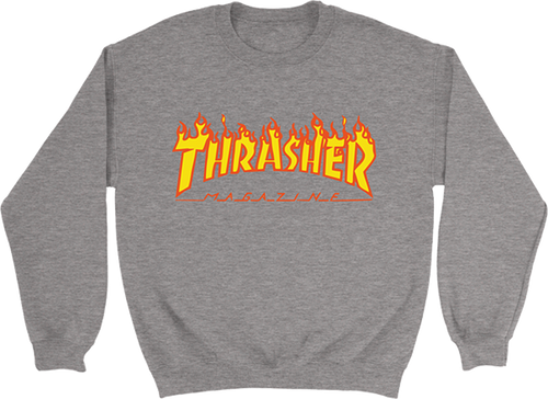 THRASHER FLAME LOGO CREW/SWT MEDIUM HEATHER GREY