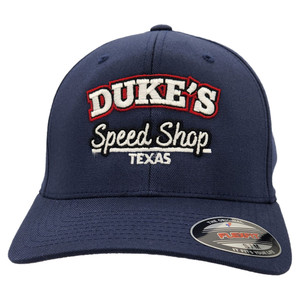 Navy fitted cap front from Dukes Speed Shop Texas with logo.