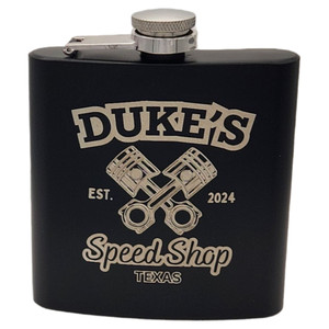 Stainless steel 6oz flask laser engraved with Dukes Speed Shop Texas logo.