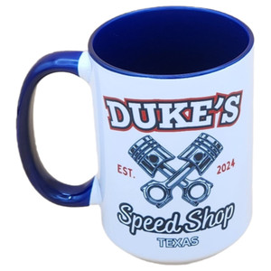Coffee mug front in 15oz with blue handle and inside with Dukes Speed Shop Texas logo.