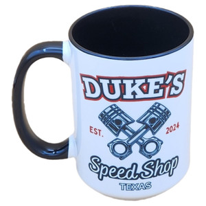 Coffee mug front in 15oz with black handle and inside with Dukes Speed Shop Texas logo.