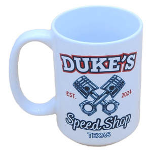 Coffee mug in 15oz white with Dukes Speed Shop Texas logo.