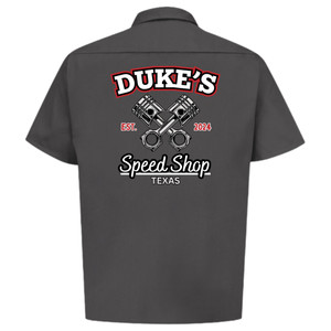 Charcoal mechanics work shirt back from Dukes Speed Shop Texas with full logo. Charcoal mechanics work shirt back from Dukes Speed Shop Texas with full logo.