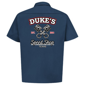 Navy mechanics work shirt back from Dukes Speed Shop Texas with full logo.