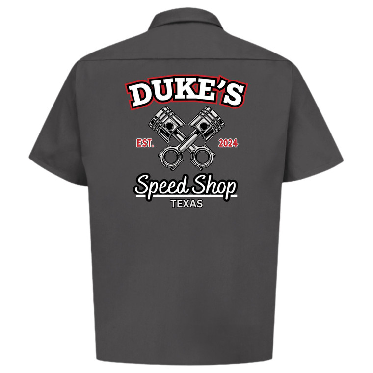 Charcoal mechanics work shirt back from Dukes Speed Shop Texas with full logo.