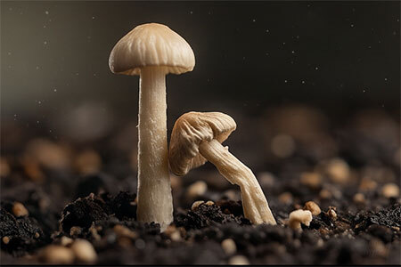 Aborted shrivelled mushroom pins alongside healthy developing white pin during the fruiting process, illustrating a common indoor growing troubleshooting scenario