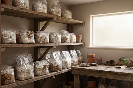 Advanced home mushroom cultivation setup displaying various sized colonised grain bags