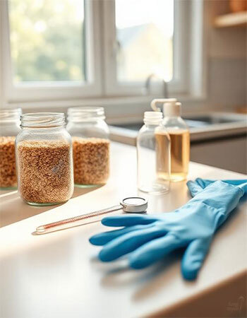 A kitchen with jars of mushroom grain, a thermometer and nitrile gloves in the morning light