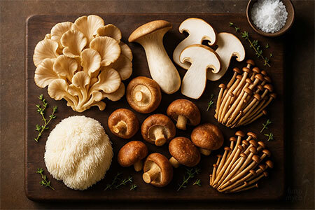 Several UK legal gourmet mushroom species side by side on a wooden board: oyster, shiitake, lion's mane, chestnut, and enoki mushrooms for fruiting comparison