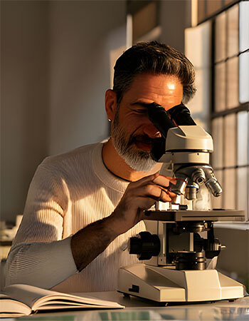 Researcher looking through a compound microscope at a prepared fungal spore slide