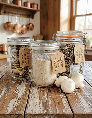 Three labelled glass Kilner jars of dried oyster, shiitake, and lion's mane mushrooms with silica gel packets on a wooden kitchen table
