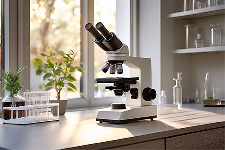Compound microscope on a laboratory bench for microscopy research only in a clean white laboratory setting