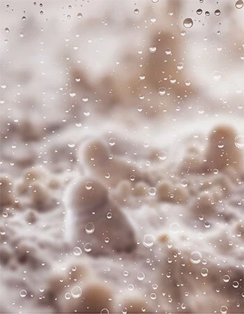 Condensation droplets visible on the inside of a clear plastic monotub lid with white substrate and small mushroom pin primordia forming