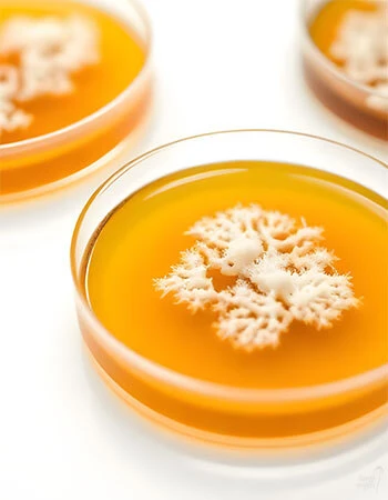 Petri dishes containing white mycelium cultures growing on agar medium placed on a clean laboratory-style work surface