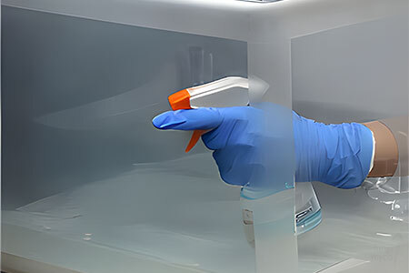 Gloved hand spraying 70% isopropyl alcohol inside a clear plastic Still Air Box to sanitise the interior surfaces before mushroom cultivation work