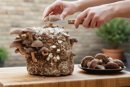 Gloved hand using a clean sterile blade to harvest a shiitake mushroom from a hardwood log block, demonstrating correct cutting technique for UK home growers