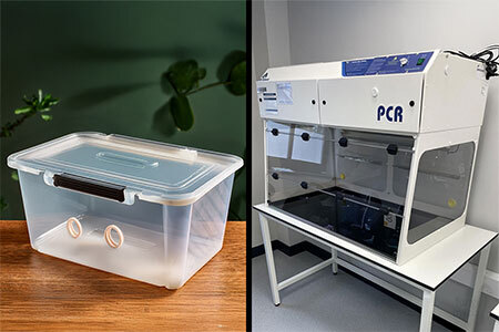 Side-by-side comparison of a clear plastic Still Air Box on a kitchen worktop and a professional laminar flow hood unit with HEPA filter on a lab bench